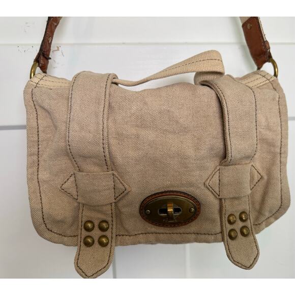 Fossil Long Live Vintage Khaki Canvas & Leather Crossbody Messenger‎ Bag Khaki - Picture 1 of 16